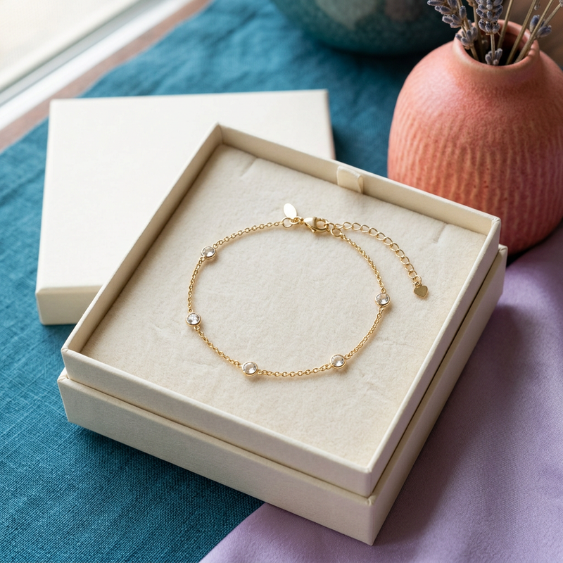 Delicate Station Chain Bracelet with Small Glass Bead Accents and a Fine Adjustable-Look Finish
