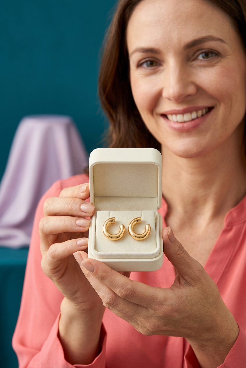 Model holding gold-tone hoop earrings in unbranded box