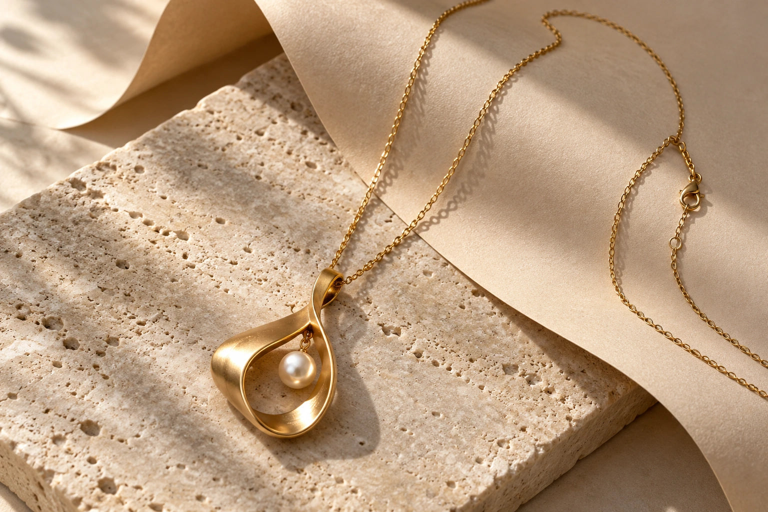 Golden jewelry on a warm neutral background