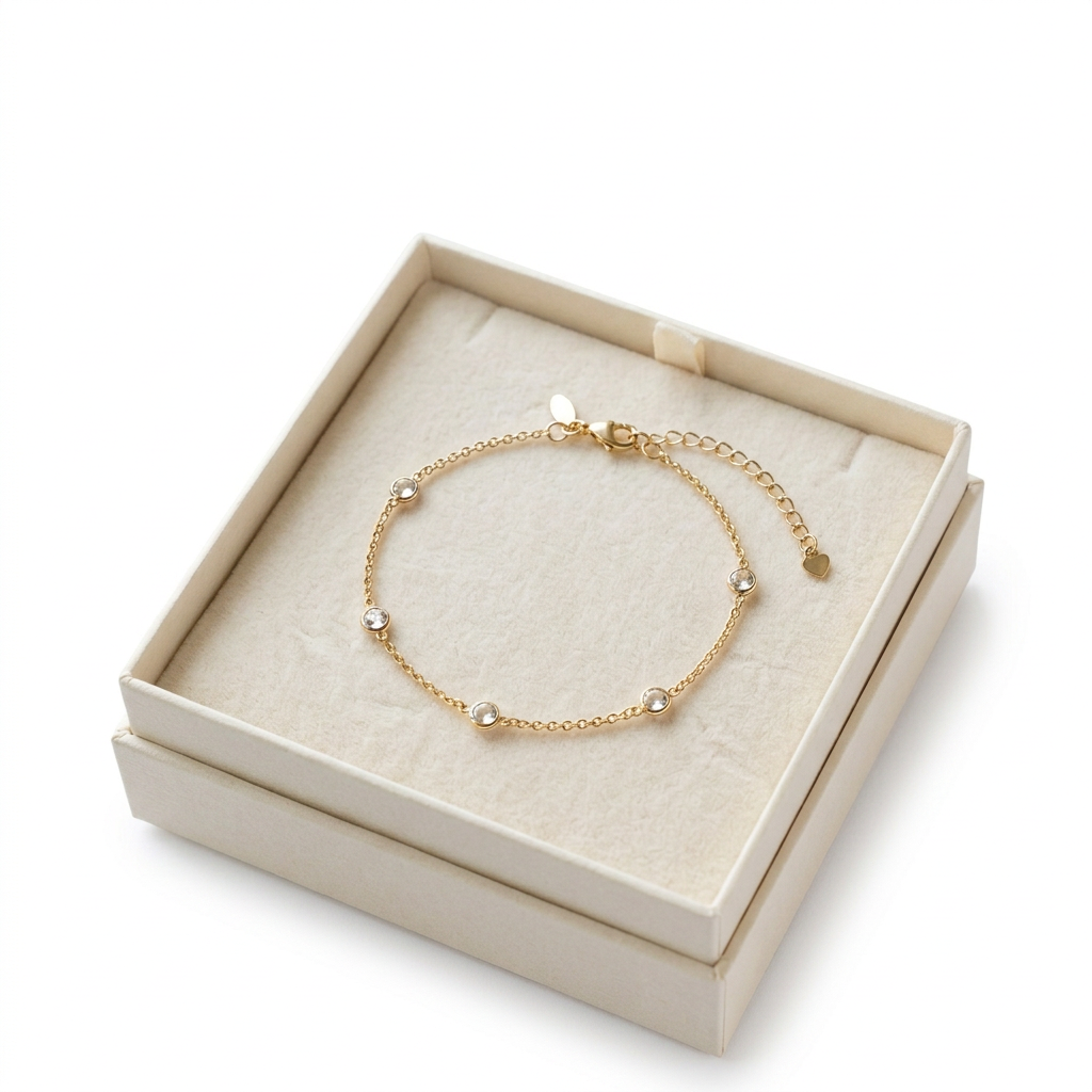 Delicate Station Chain Bracelet with Small Glass Bead Accents and a Fine Adjustable-Look Finish