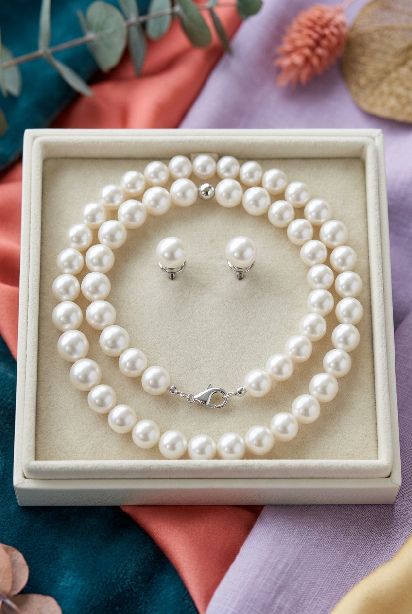 Pearl-Look Necklace and Matching Stud Earring Set with a Timeless Clean Finish for Special Occasions