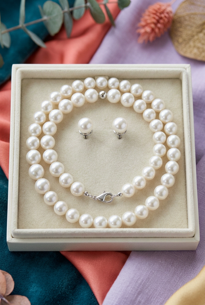 Pearl-Look Necklace and Matching Stud Earring Set with a Timeless Clean Finish for Special Occasions
