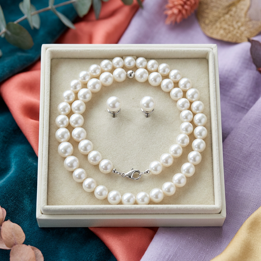 Pearl-Look Necklace and Matching Stud Earring Set with a Timeless Clean Finish for Special Occasions
