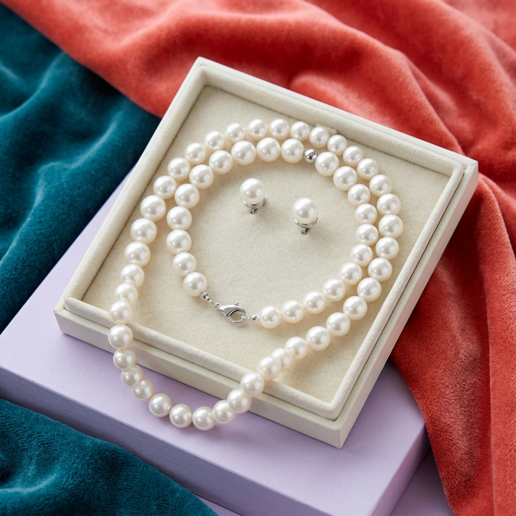 Pearl-Look Necklace and Matching Stud Earring Set with a Timeless Clean Finish for Special Occasions