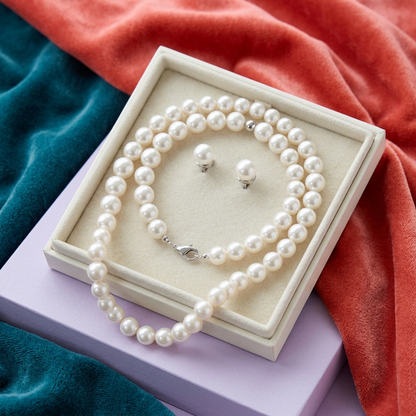 Pearl-Look Necklace and Matching Stud Earring Set with a Timeless Clean Finish for Special Occasions