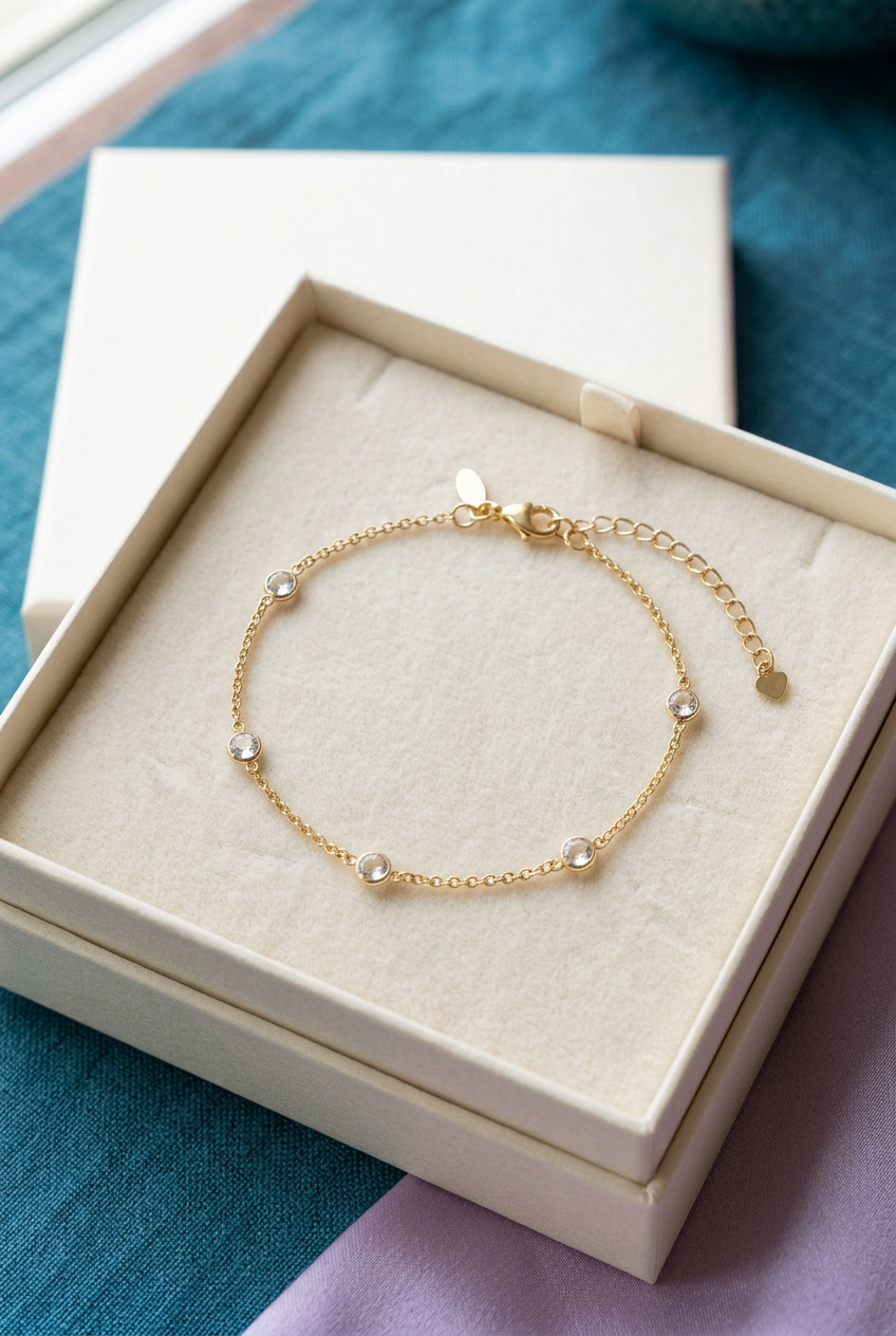 Delicate Station Chain Bracelet with Small Glass Bead Accents and a Fine Adjustable-Look Finish