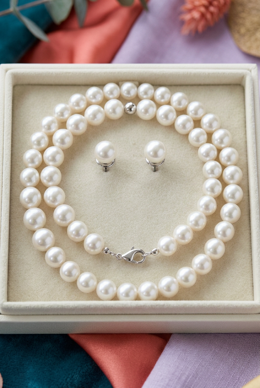 Pearl-Look Necklace and Matching Stud Earring Set with a Timeless Clean Finish for Special Occasions