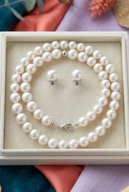 Pearl-Look Necklace and Matching Stud Earring Set with a Timeless Clean Finish for Special Occasions