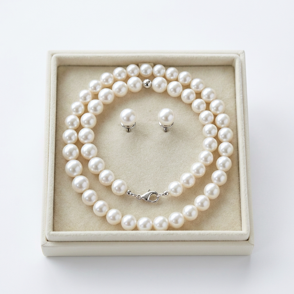 Pearl-Look Necklace and Matching Stud Earring Set with a Timeless Clean Finish for Special Occasions