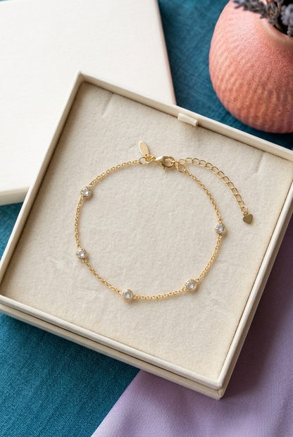 Delicate Station Chain Bracelet with Small Glass Bead Accents and a Fine Adjustable-Look Finish