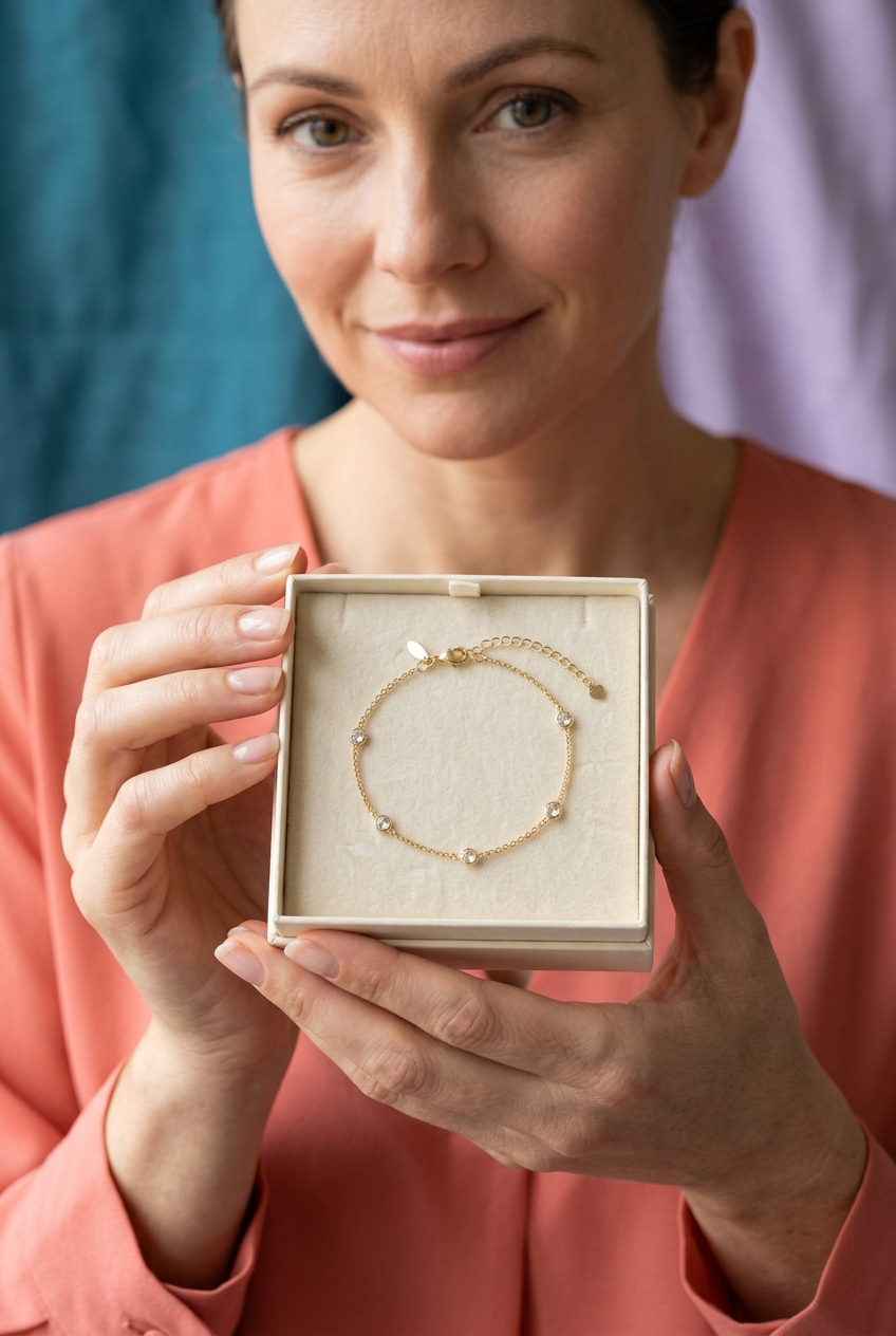 Delicate Station Chain Bracelet with Small Glass Bead Accents and a Fine Adjustable-Look Finish