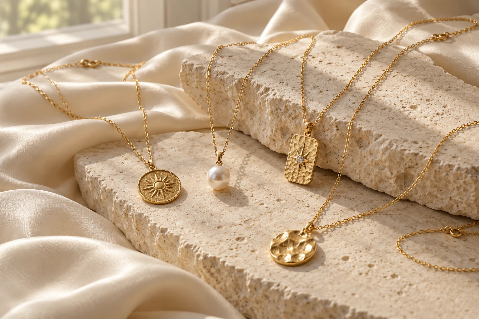 Golden necklaces styled on silk and natural stone